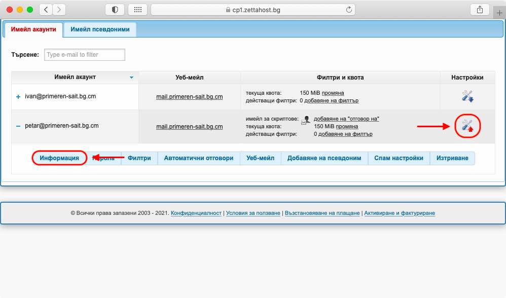 Информационният раздел съдържа както обща информация за имейл акаунта, така и информация за имейл сървъра, който го захранва.